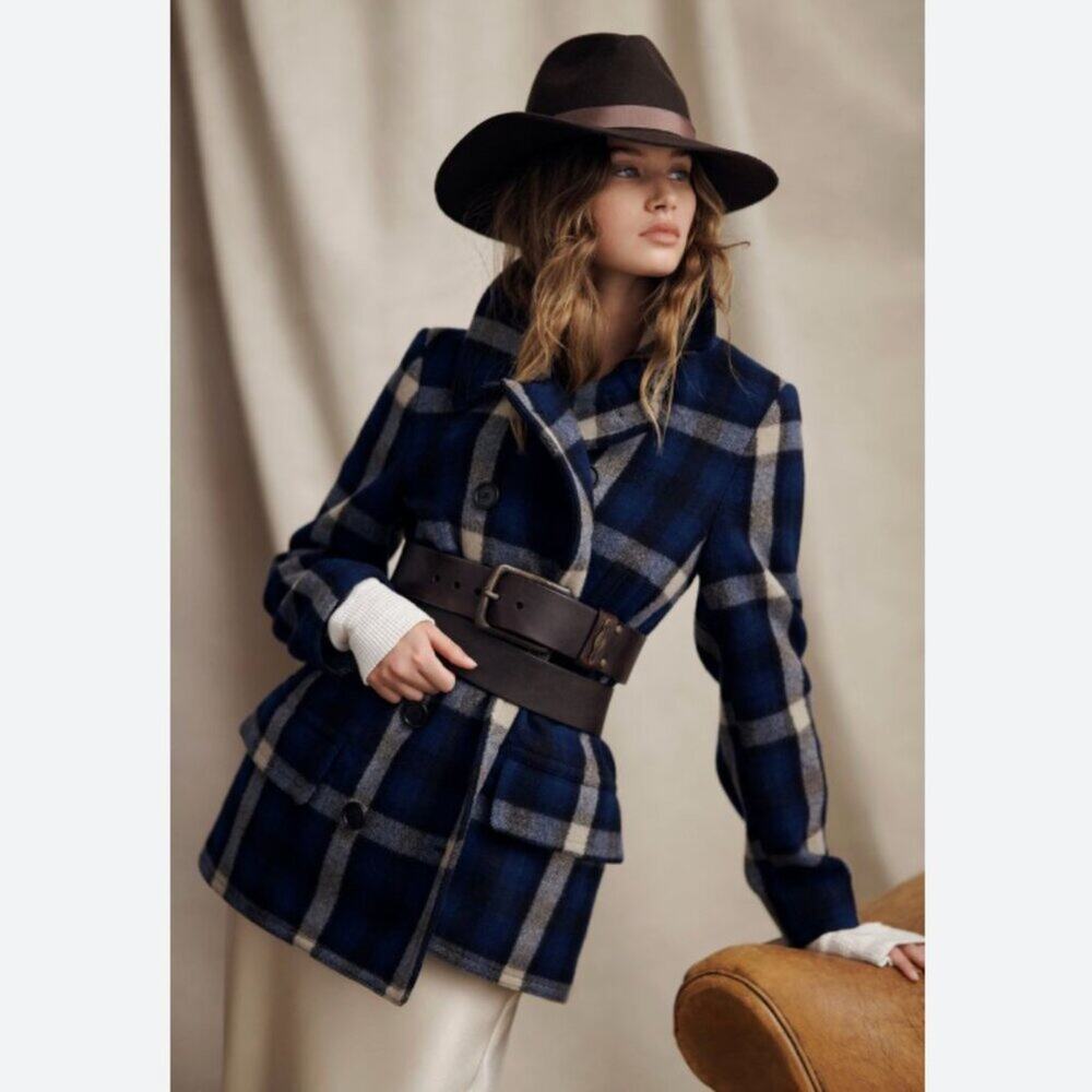 Ralph Lauren Polo Blue Plaid Ranch Double Breasted Short peacoat Jacket Coat 12